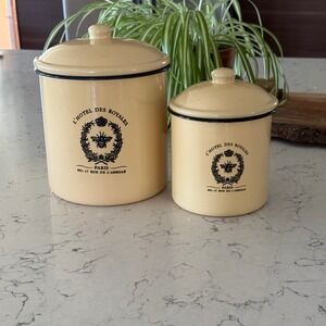 Vintage Bee Hotel Des Royales Paris Enamel Canisters Set Cream Black